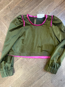 Olive satin cropped blouse sample size 10-12