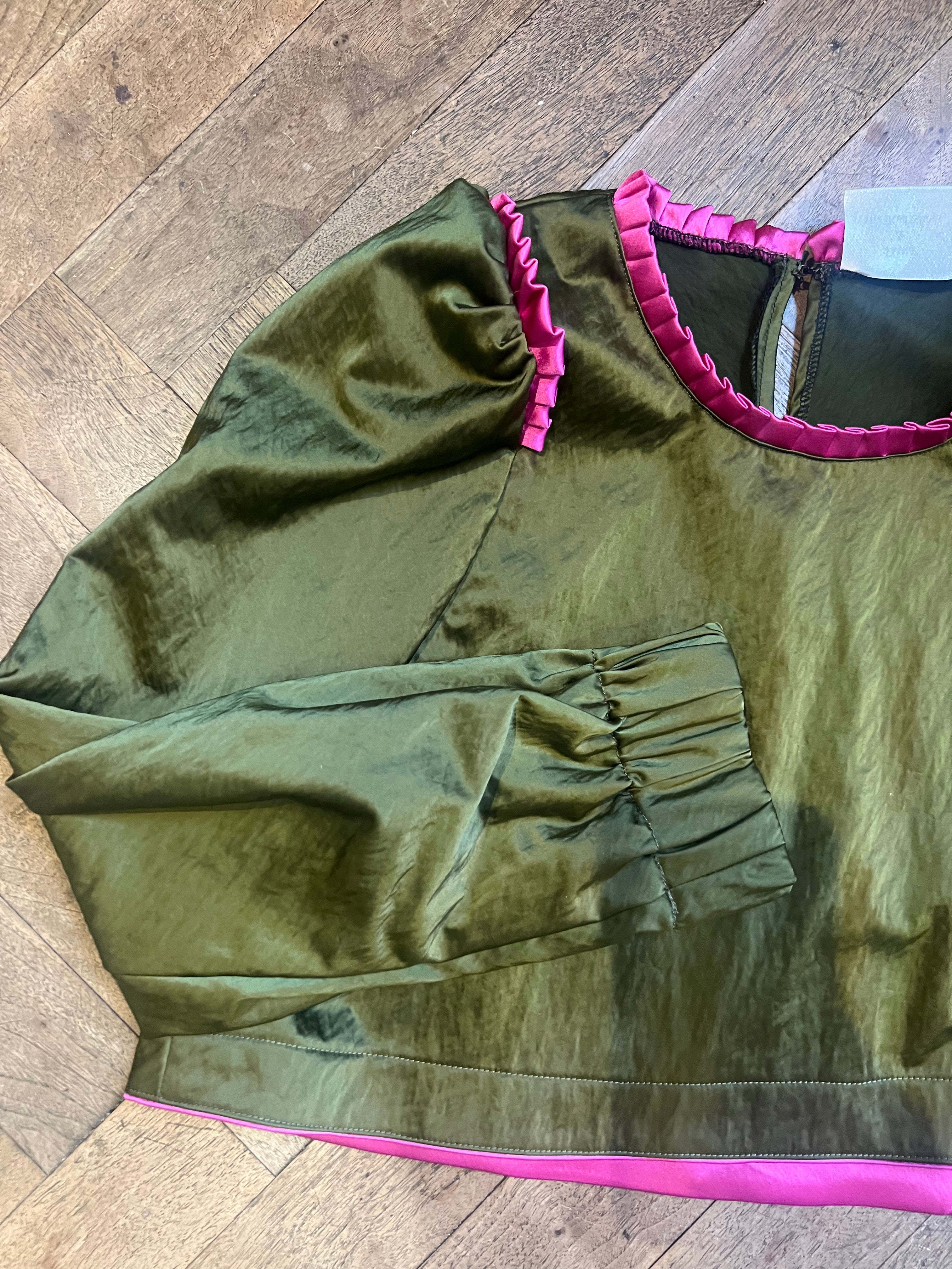 Olive satin cropped blouse sample size 10-12